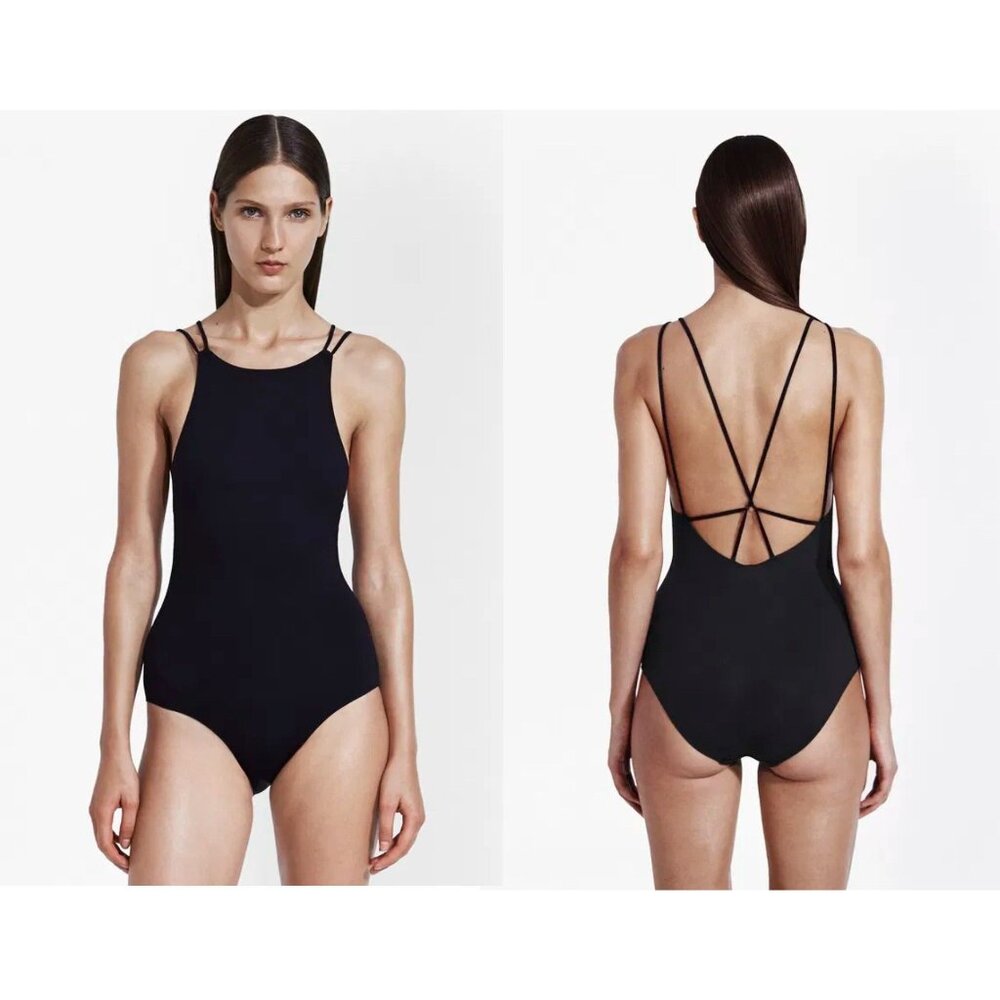 FRENCH CONNECTION Womens String Back One Piece Swimsuit Black Large NWT